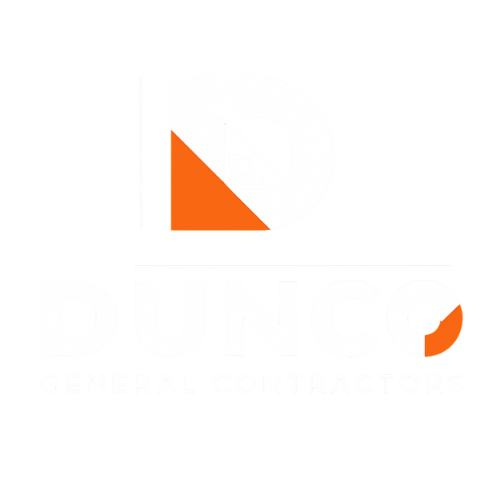 Logo for Dunco General Contractors. A large stylized letter "D" with an orange triangle, a house icon, and a wrench inside. "DUNCO" is written below with "GENERAL CONTRACTORS" in smaller text underneath.